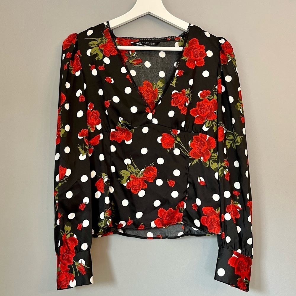 Zara Black V-Neck, Long Sleeved Blouse with White Polka Dots & Red Rose Pattern